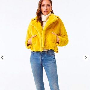 Forever 21 Canary yellow moto style faux fur jacket size small NWT